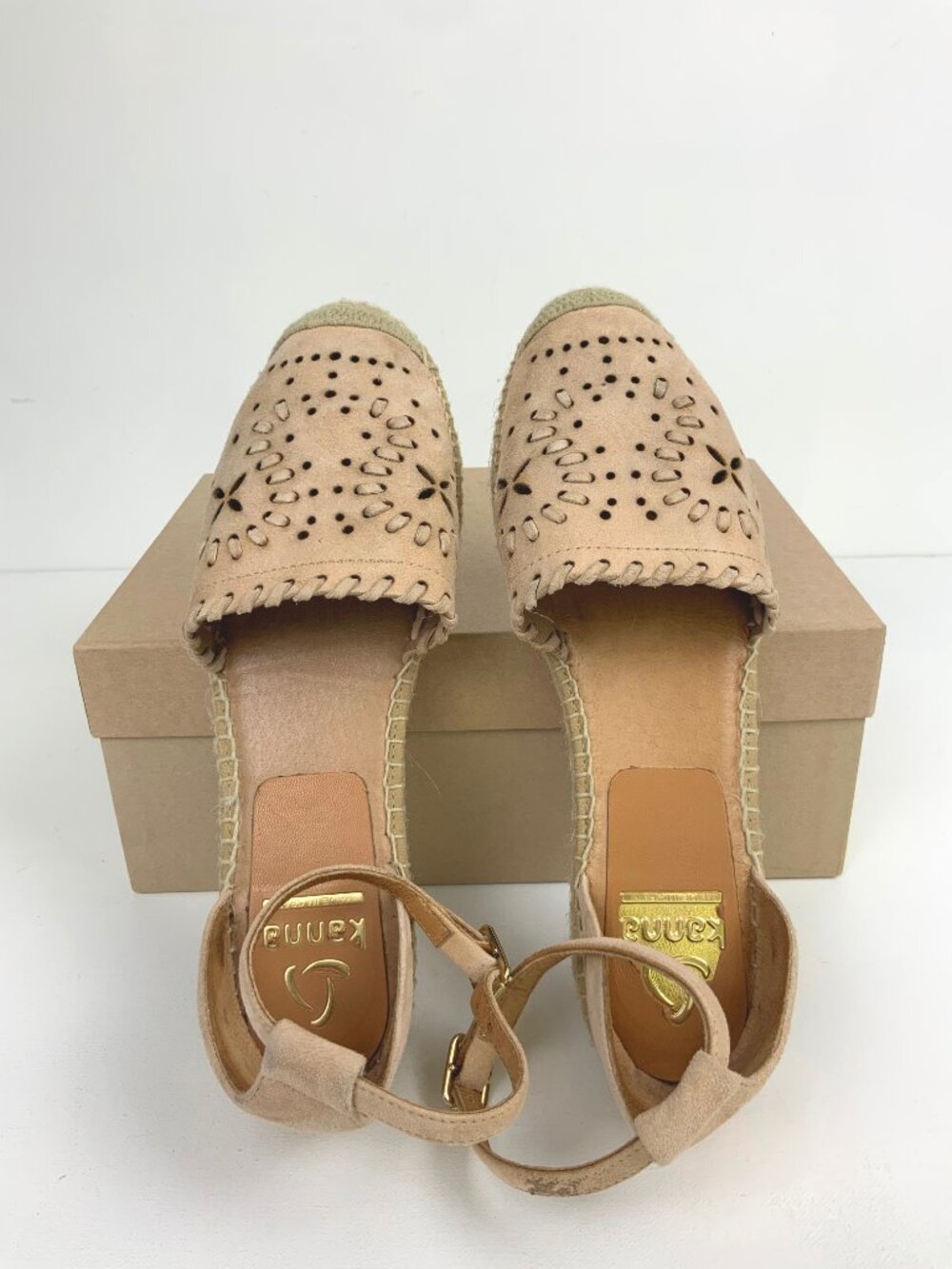 Kanna Flat Closed Toe Tan/Blush Nutbuck Laser Cut Ankle Strap Espadrilles Sz 39 - Picture 9 of 16